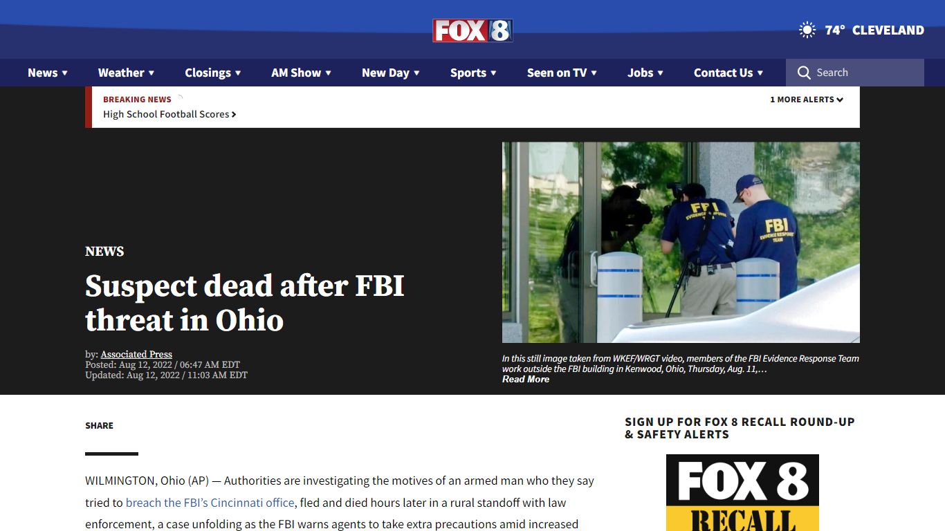 Ohio FBI standoff: Armed man who tried to breach FBI building dead
